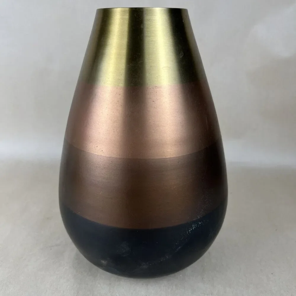Crate & Barrel Copper Vase 8” Mixed Metal Tone Modernist Horizontal Stripe AS IS